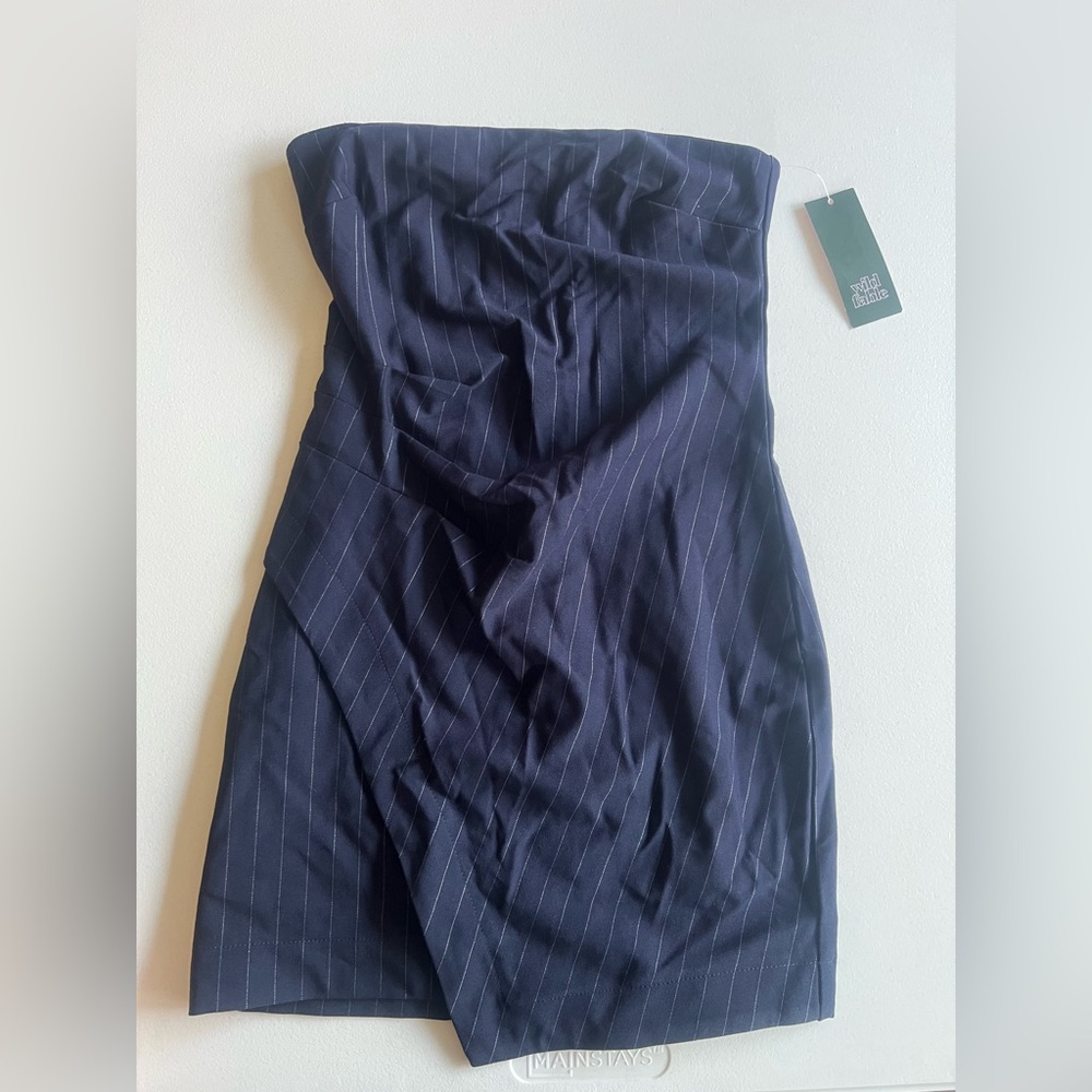 Navy Blue Strapless Pinstripe Dress - Picture 3 of 6